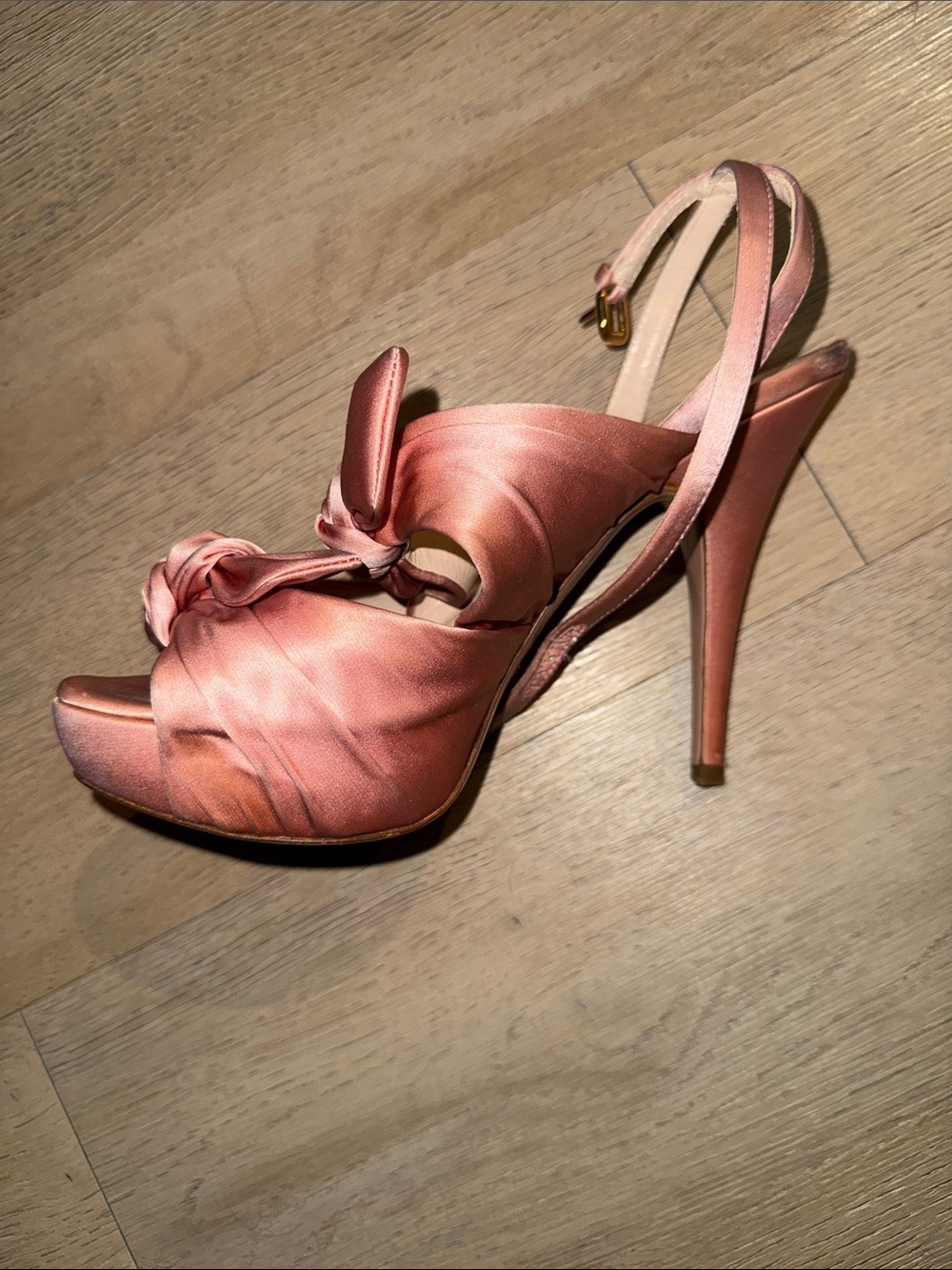 Prada Rose Pink Satin Knotted Slingback Heels - Picture 9 of 11